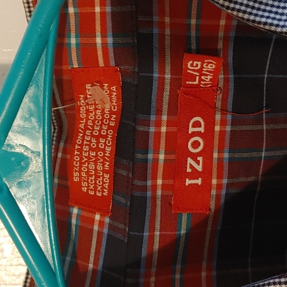 Boys Izod LG 14-16 Blue White Gingham Button Shirt with Red Plaid Details Youth - Picture 4 of 6